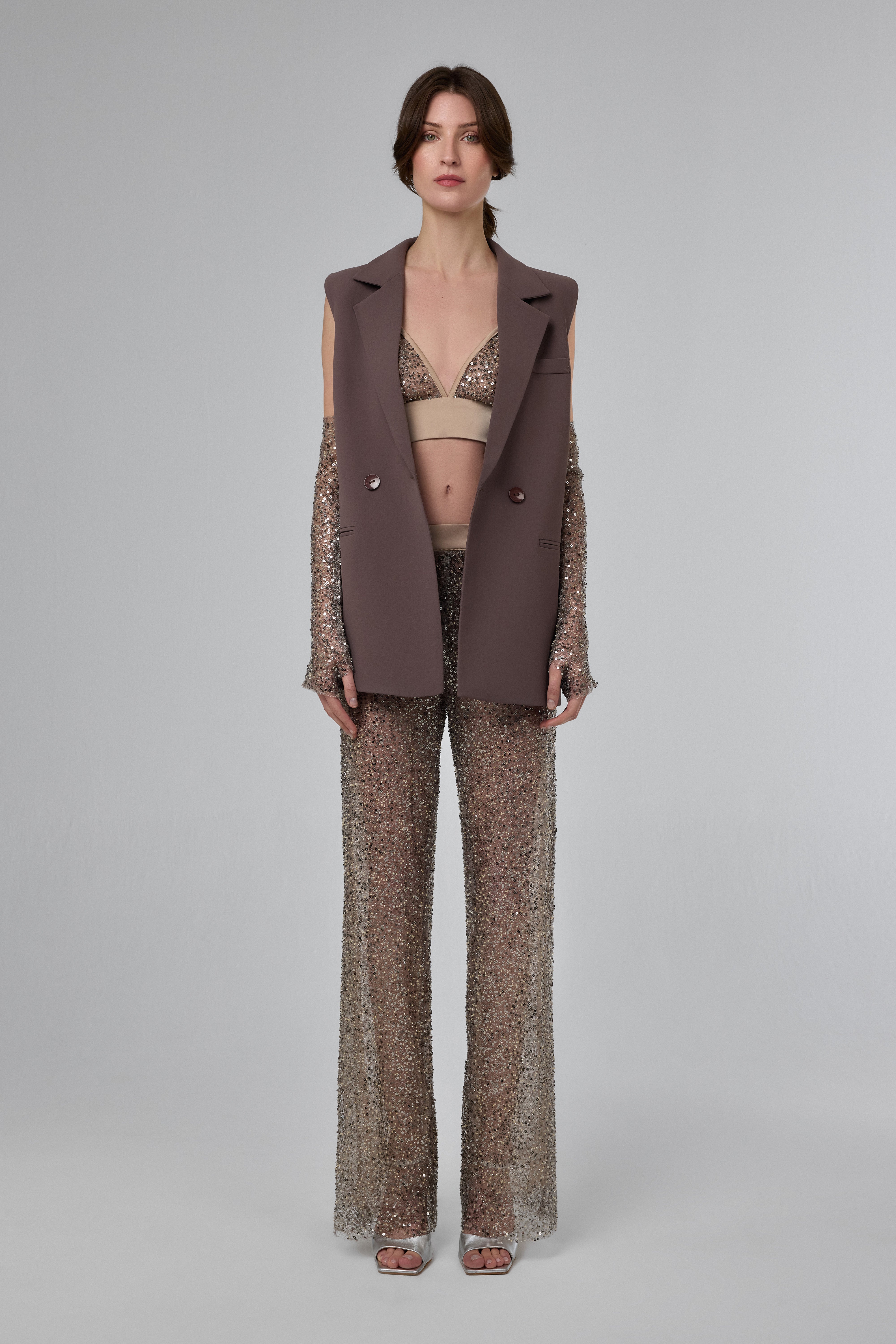Deep Taupe Brown Structured Sleeveless Tailored Vest